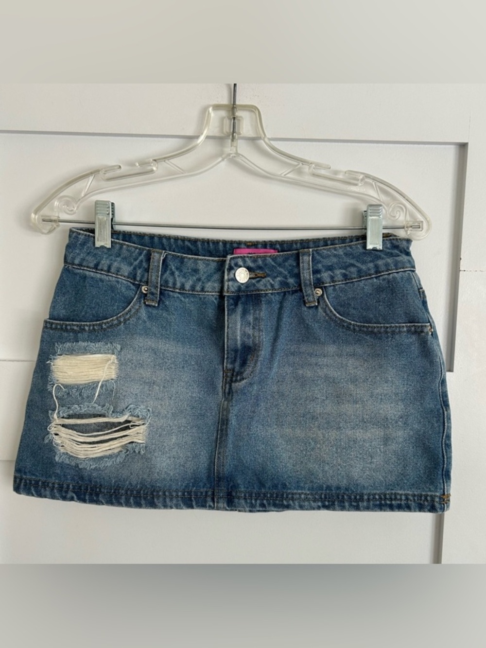 Edikted Distressed Denim Mini Skirt. Size small. Great condition!